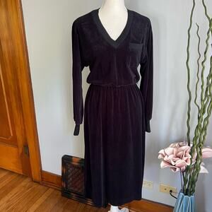 Trolley Car Velour Dress Long Sleeve V Neck Size Small Black Vintage‎ 70s Union